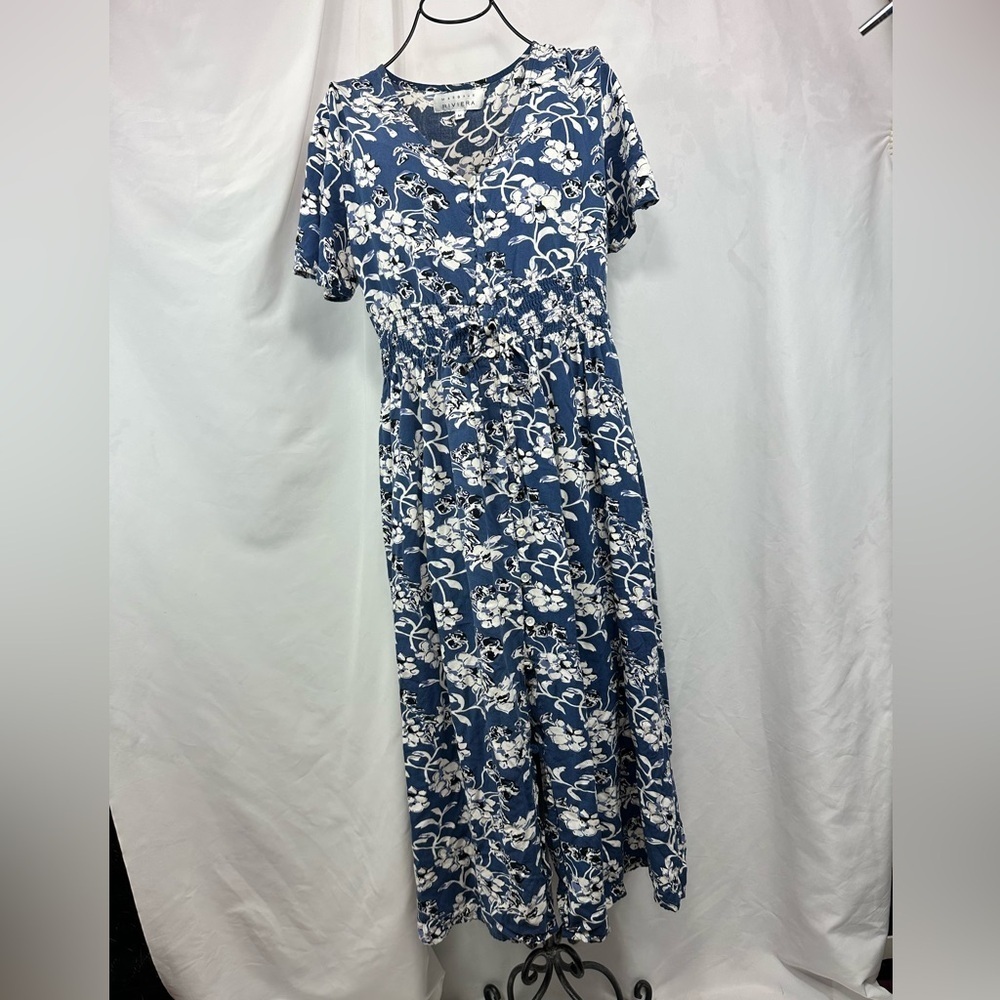 margaux riviera blue floral midi dress size M